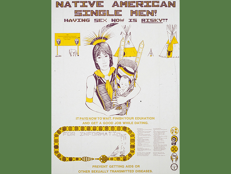 A poster with text and a black and white drawing of a Native American man wearing a yellow scarf holding a baby, in the background are a yellow sign and two yellow teepees.