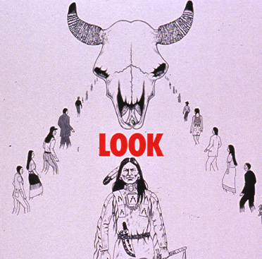 A poster with text and a black and white drawing of two American Indian men flanking a gravestone with the word AIDS on it. Above them is a buffalo skull with two lines of people walking towards it