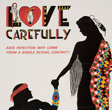 A poster with text and a black outline of a kneeling male figure with a red bandana, holding the hand of a female figure wearing a blanket