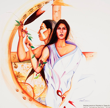 A poster with text and a drawing of Native American man and woman, woman looking at viewer and man behind looking to the left