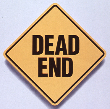 Yellow square road sign that says Dead End above text