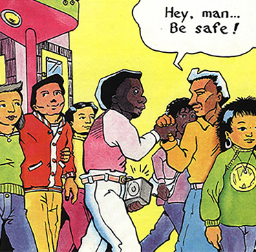 Color drawing of a multiracial group of school children, one of whom has a talk bubble above his head