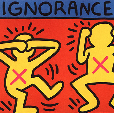 Three yellow stick figure people with the letter x in red on chest. Left one covering eyes, middle one ears, and right one mouth
