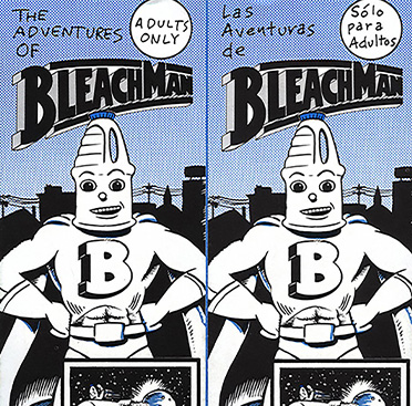 Black and white drawing of a smiling man wearing a cape, he has a bleach bottle for a head