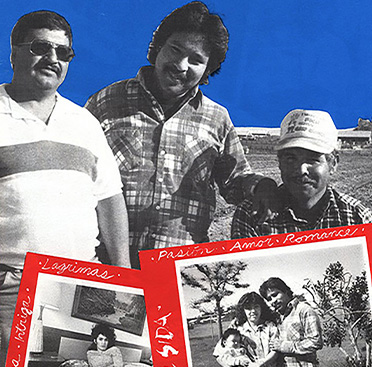 Three Latino men smiling at the viewer; two red-bordered photographs are below them, one showing a woman on a bed, the other a family