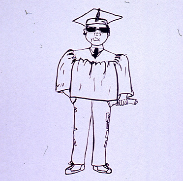 Black and white drawing of an African American young man in sunglasses and graduation gown.