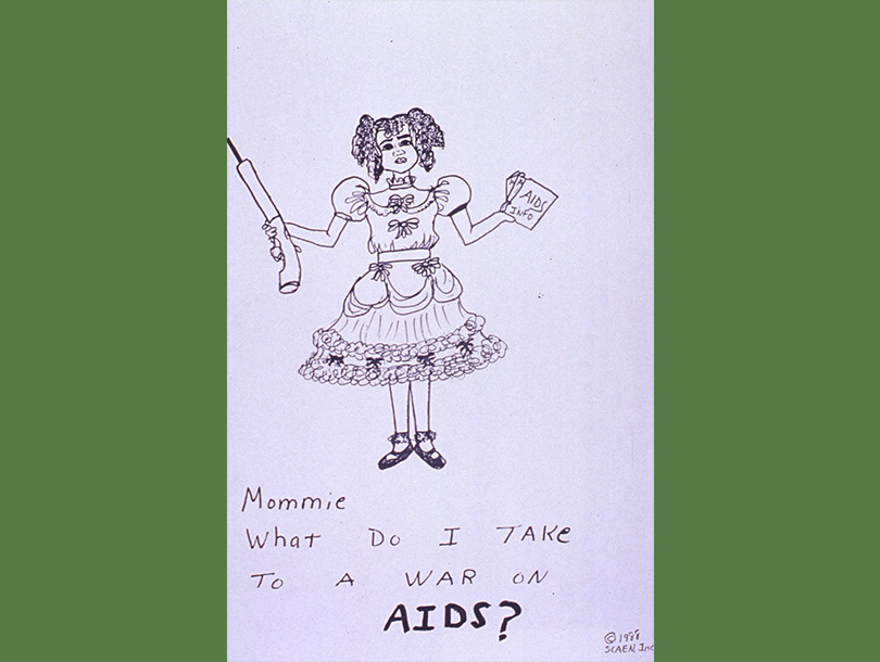 Black and white drawing of an African American girl in a dress, holding a shotgun in one hand and AIDS informational booklets in the other.