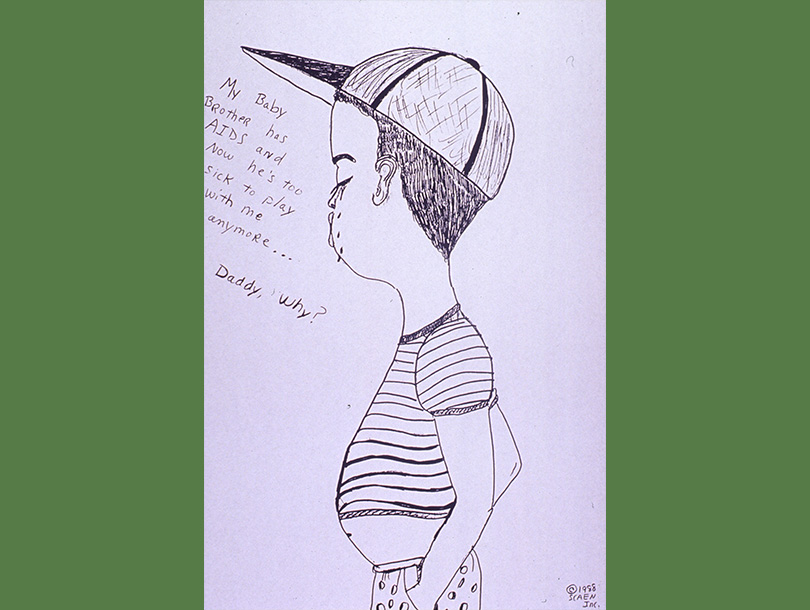 Black and white drawing of an African American boy crying and half faced away from the viewer
