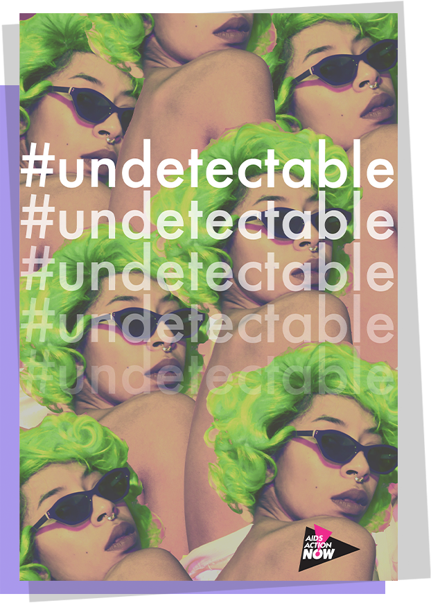 A poster with repeated images of a Black woman with sunglasses and green hair with white text