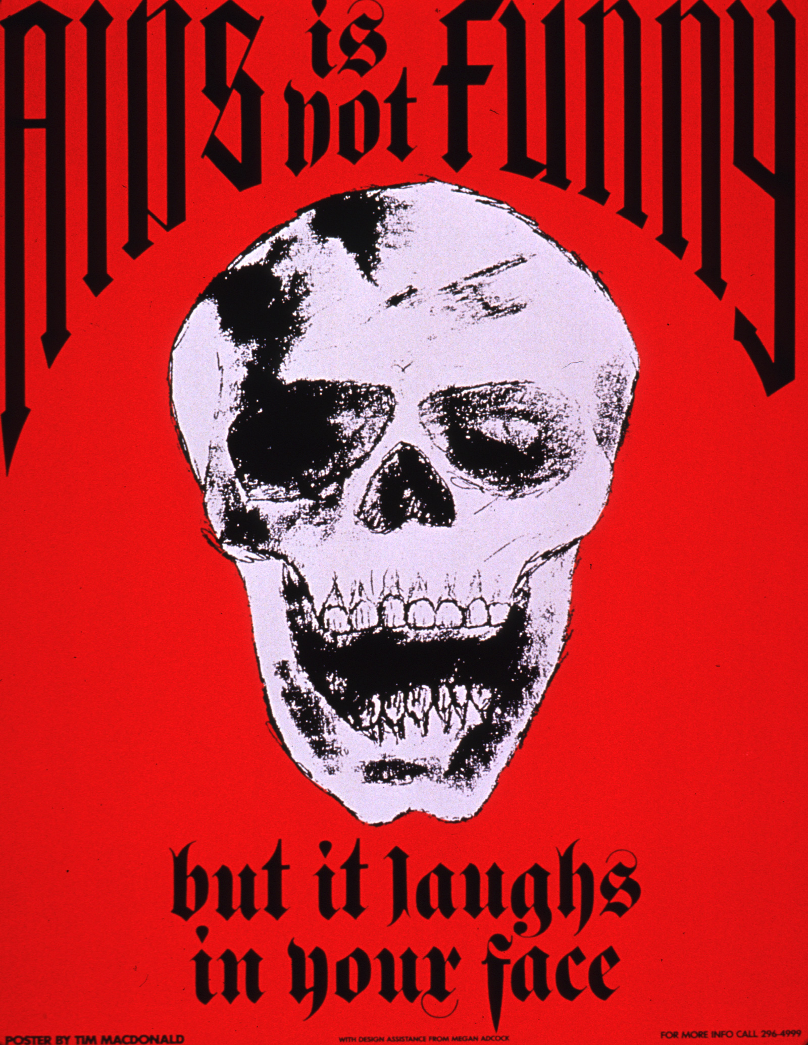 Drawing of a skull with its mouth open on a red background with the title “AIDS is not funny…but it laughs in your face”