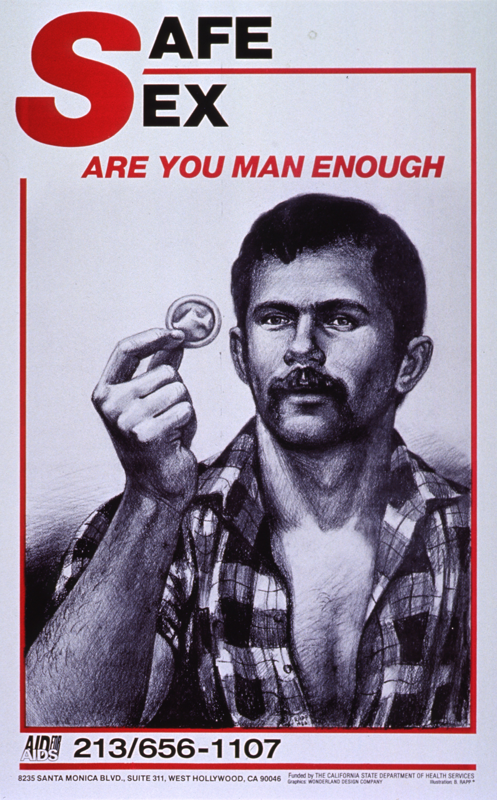 Drawing of a man in a flannel holding up a condom with the title “Safe Sex, Are You Man Enough”