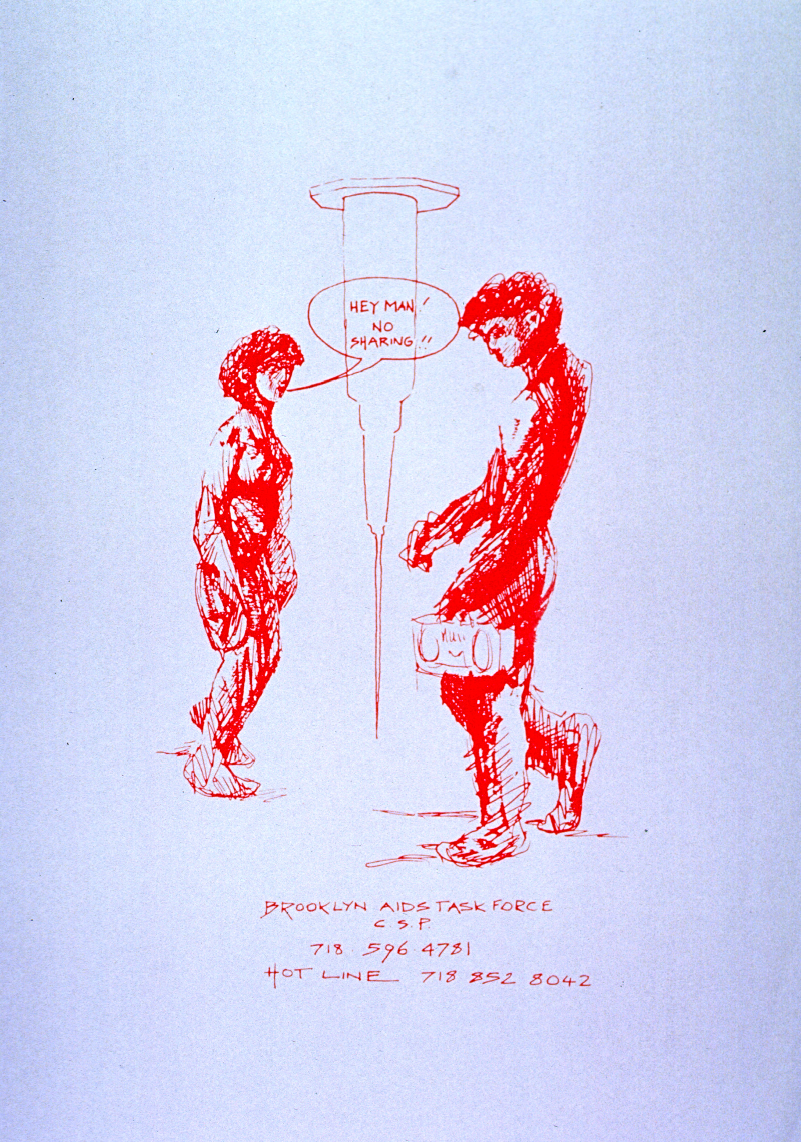Drawing of two passing each other, one with a speech bubble that says, “Hey Man! No Sharing!!”, the other holding a boombox, and between them is a large syringe