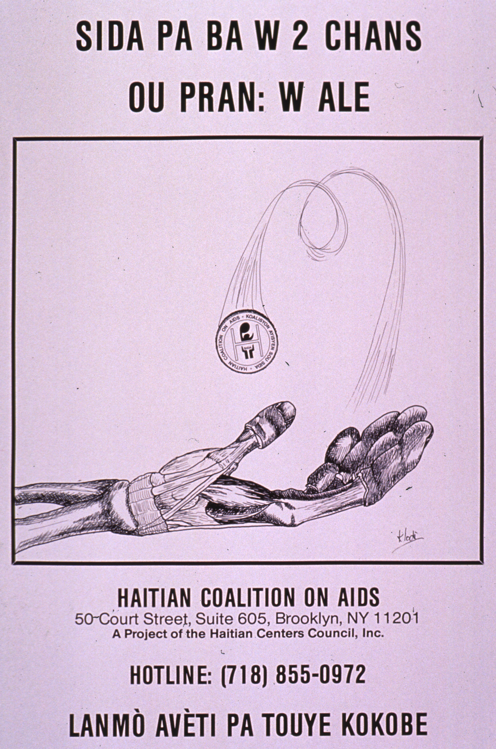 Drawing of a skeletal hand flipping a coin with the title “Sida Pa Ba W 2 Chans Ou Pran: W Ale”