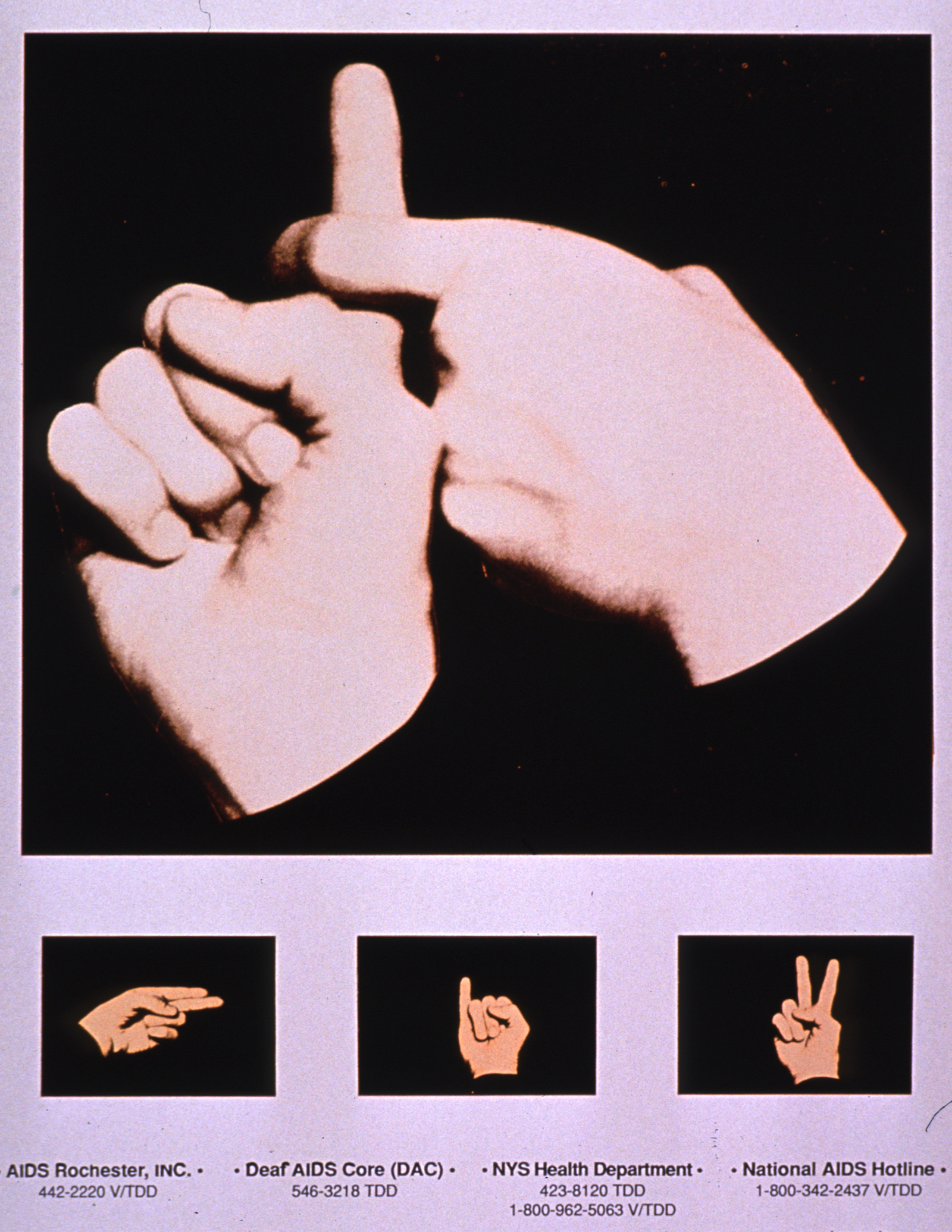 A poster with four images of hands signing words in American Sign Language