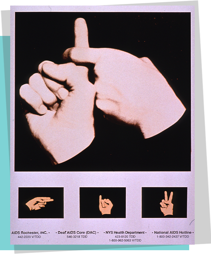 A poster with four images of hands signing words in American Sign Language