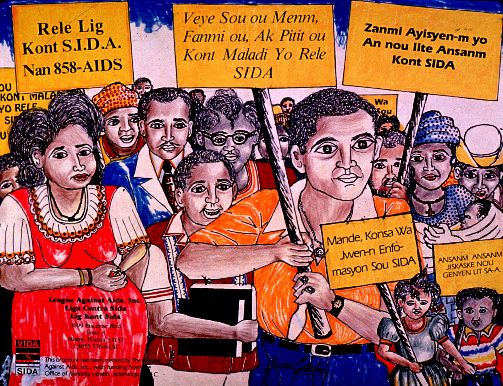 Color drawing of a large group of Haitian Americans marching and holding signs