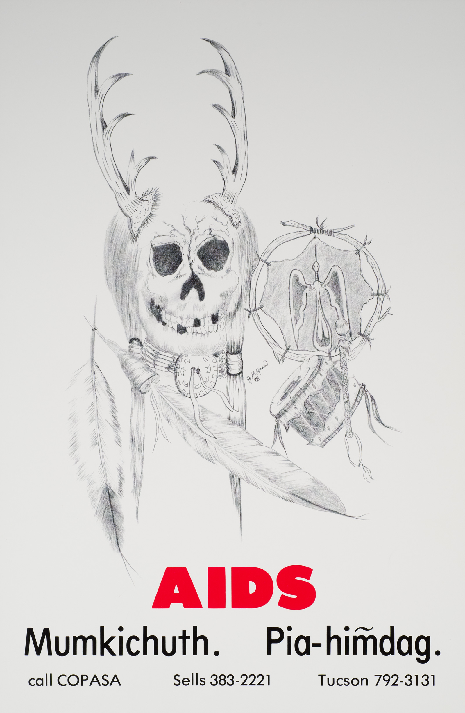 Drawing of a human skull topped with antlers with a few feathers underneath, with the title, “AIDS. Mumkichuth. Pia-him̃dag.”