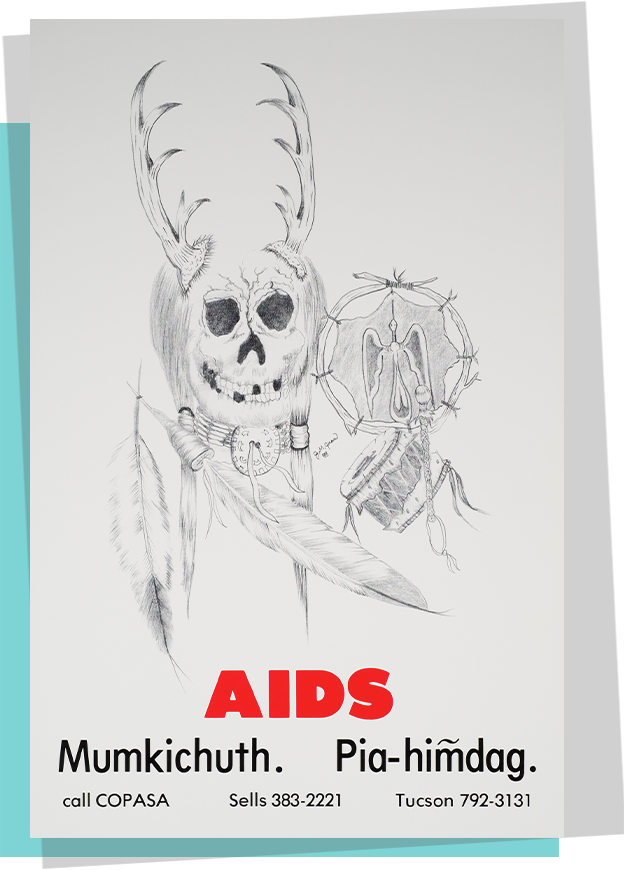 Drawing of a human skull topped with antlers with a few feathers underneath, with the title, “AIDS. Mumkichuth. Pia-him̃dag.”