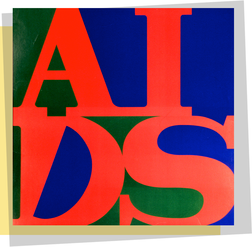 Graphic design of the word “AIDS” in a square format, red text on a blue and green background