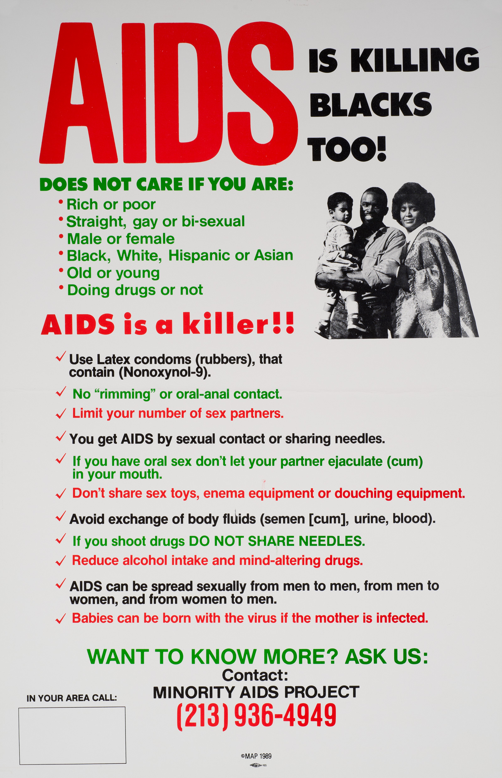 A poster with a title that says,  AIDS is killing Blacks too! , text, and a portrait of an African American woman, man, and child