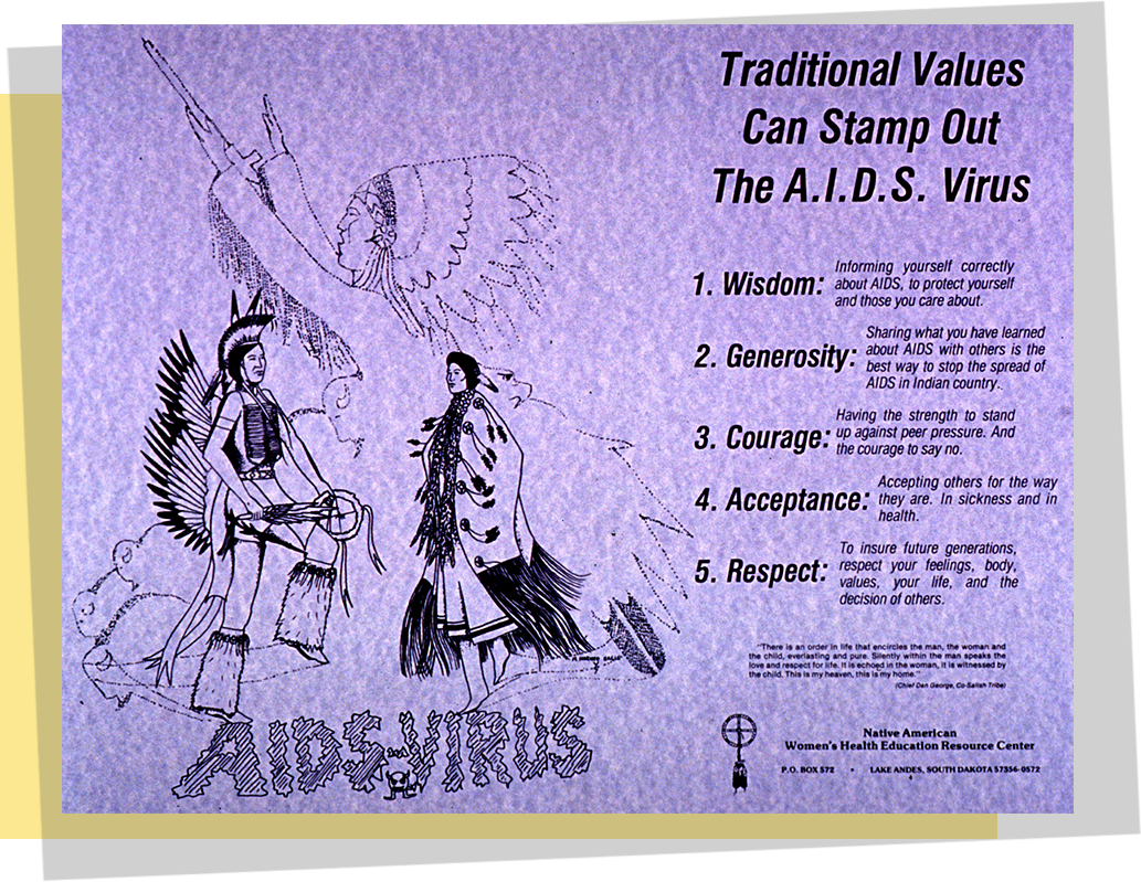 A poster with text and a drawing of a male and female Native American dressed in traditional Plains Indian dress dancing in front of an outline of a third person in a headdress