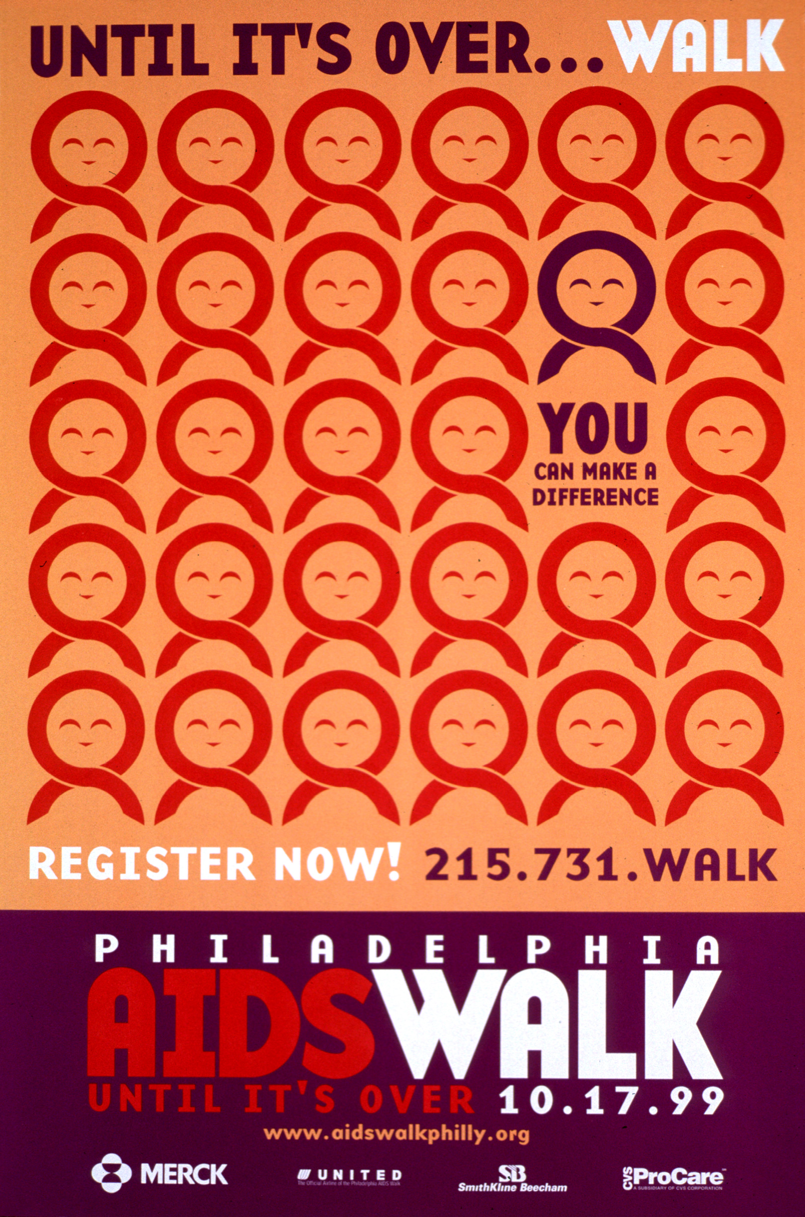 An orange and purple poster with a crowd of abstract figures, above is the title “Until It’s Over…Walk,” and below text information about the “Philadelphia AIDS Walk”