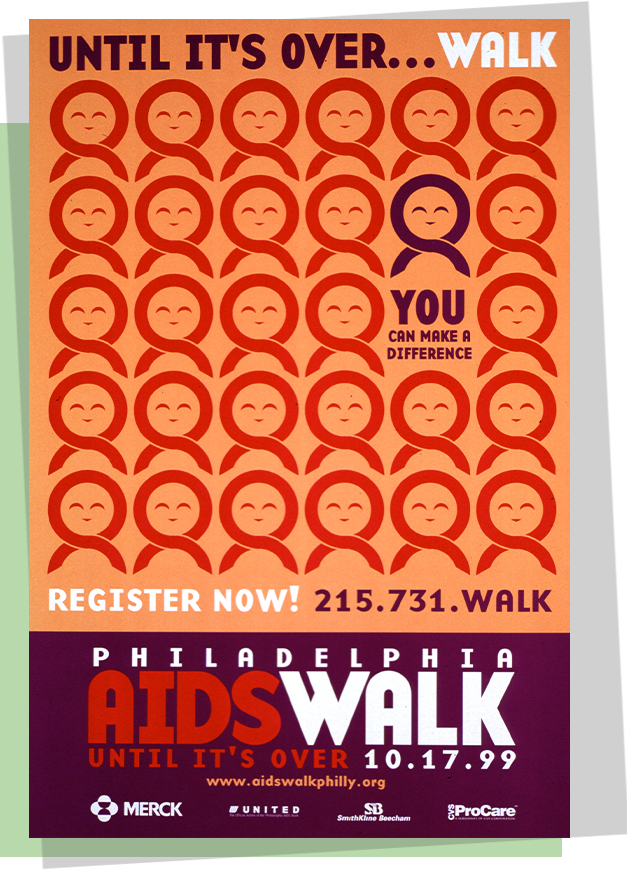 An orange and purple poster with a crowd of abstract figures, above is the title “Until It’s Over…Walk,” and below text information about the “Philadelphia AIDS Walk”