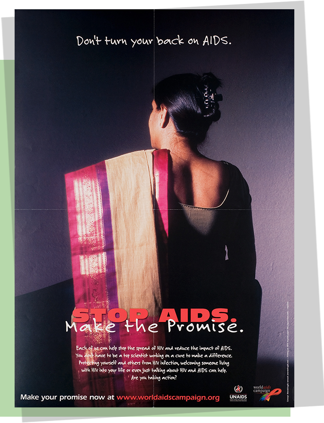 The back of a woman with a multicolored scarf, above the title “Don’t turn your back on AIDS”