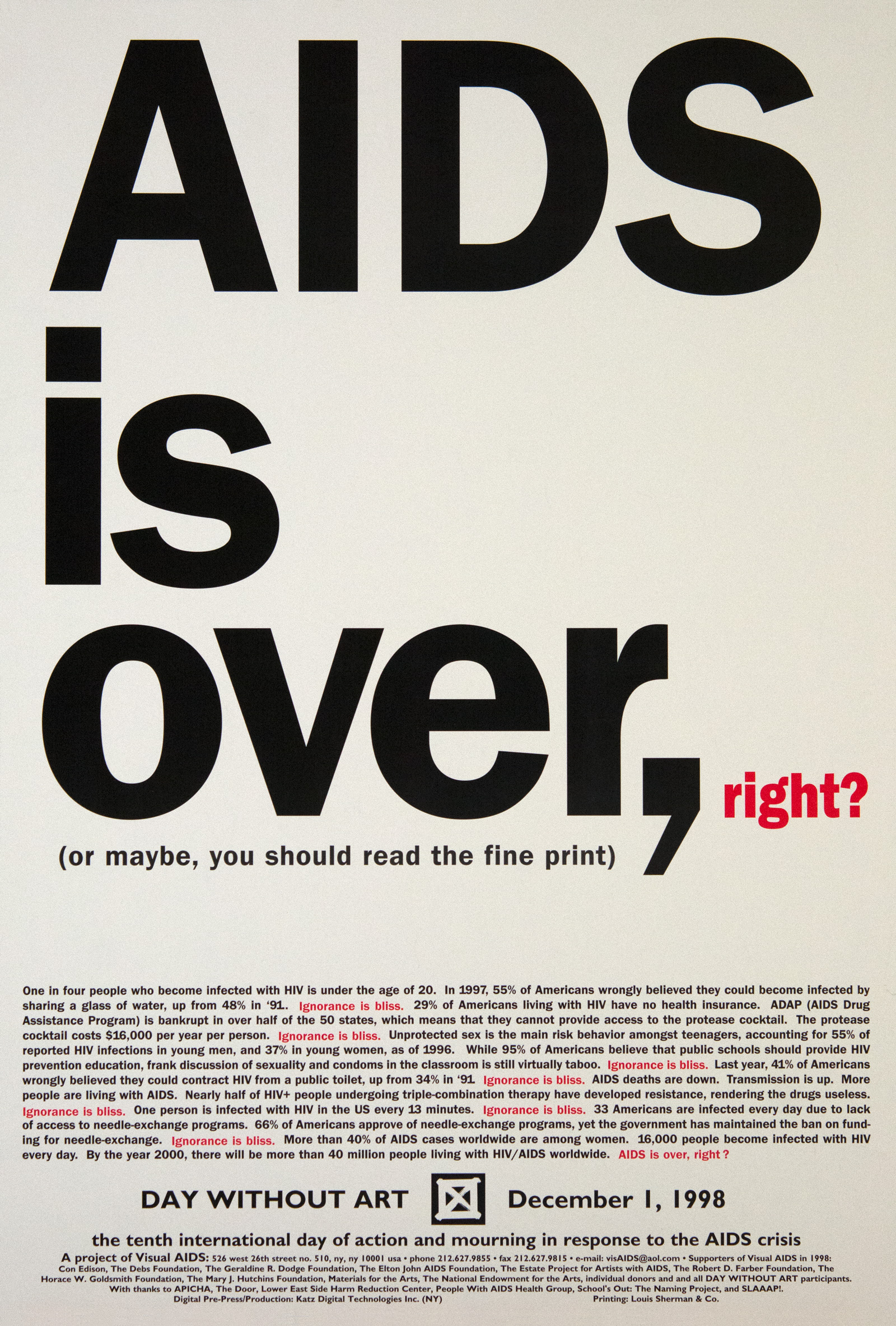 Poster with text and the title “AIDS is over, right? (or maybe you should read the fine print)”