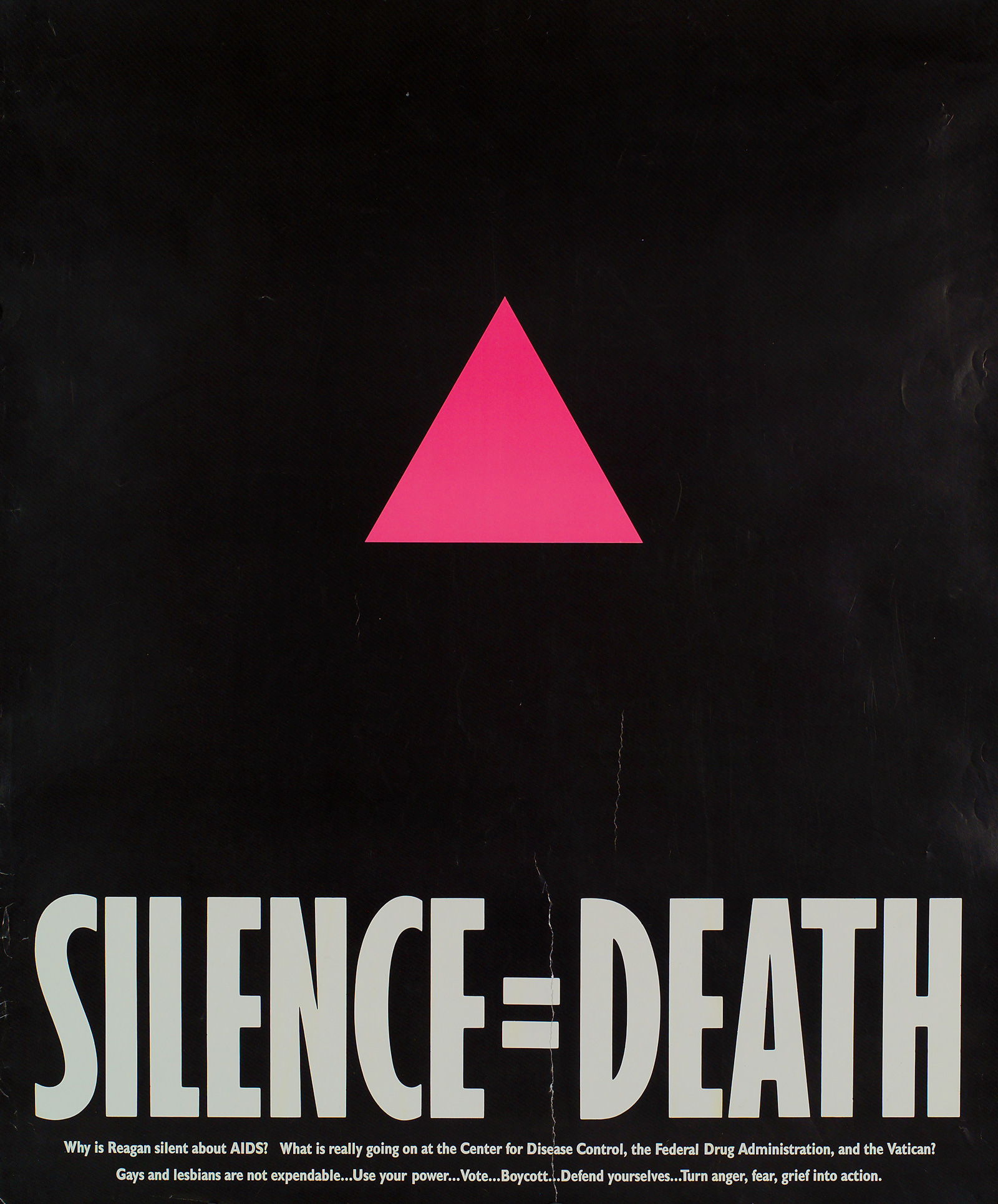 A poster with a pink triangle against a black background and the title “Silence = Death” in white at the bottom