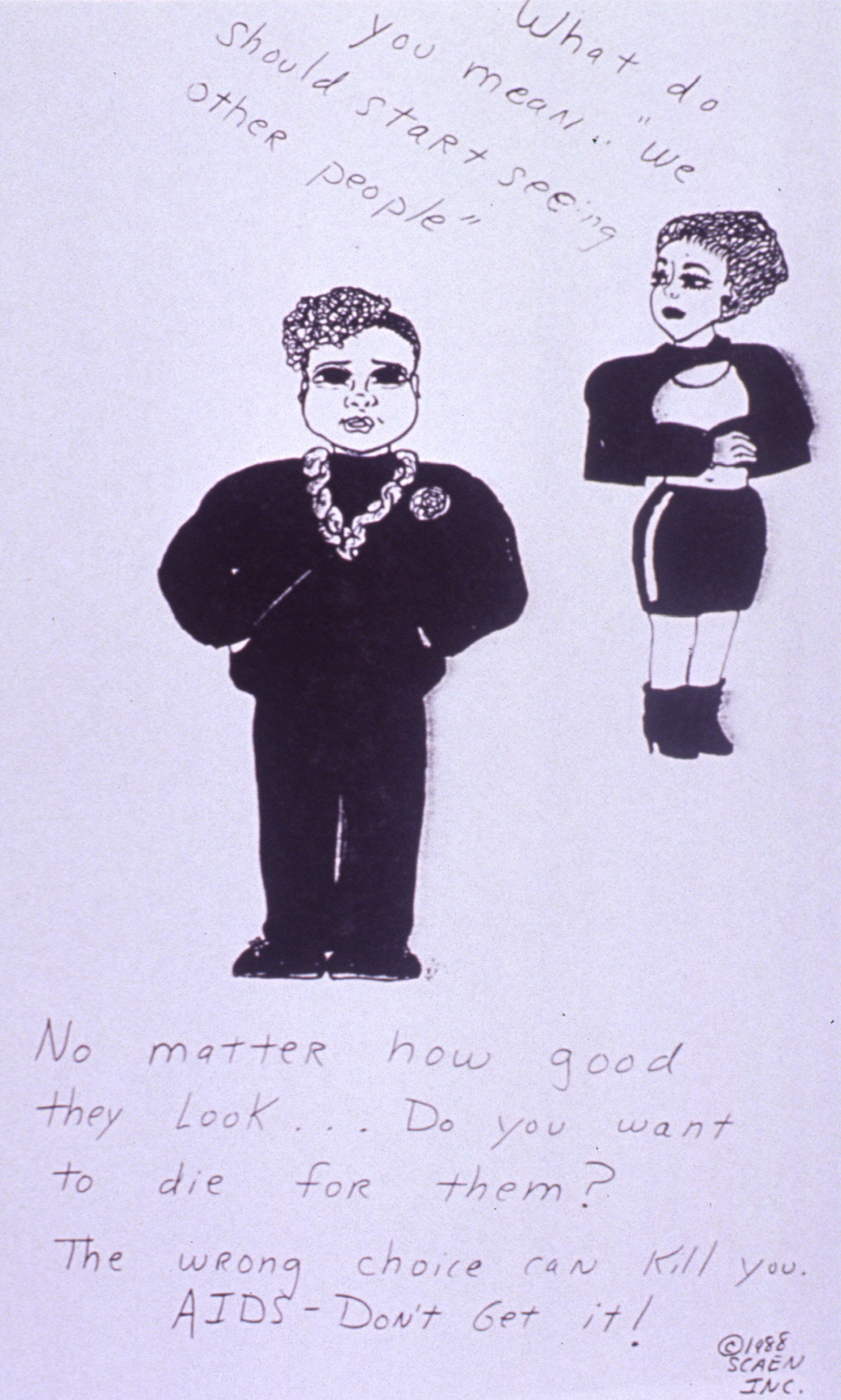 Drawing of a standing African American women, one with her hands in her pocket, the other with her arms cross, surrounded by handwritten text