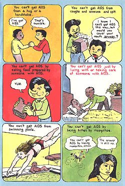 A multi-color six panel page from the comic book AIDS News. In each of the six panels it features the different ways you can not get AIDS. You can not get AIDS from a hug or handshake, from coughs or sneezes, from eating food prepared by someone with AIDS, by living or caring for someone with AIDS, from swiming pools, or being bitten by mosquitos.