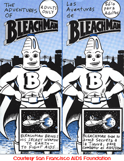 English and SPanish version of a comic The Adventures of Bleach Man. Bleach Man is a completely white cartoon character standing white his hands on his hips, wearing a cape and a bleach bottle for his head.