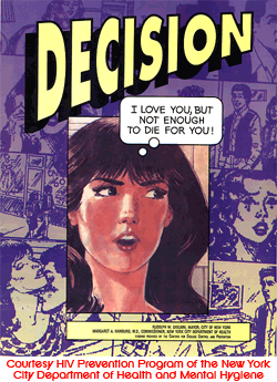 A purple and white cover of a comic featuring scenes from the comic around the outside of the comic. In the center is a face of a woman with the words I love you, but not enough to die for you written above her head. On the top of the comic in large yellow letters is written the word Decision.