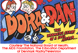 Blue cover of a comic titled Dora and Dan: the dramatic start of a love affair. In the upper left corner are the faces of Dora and Dan in hearts facing each other.