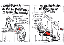 Two pages from the comic book Encore Le Sida featuring black and red drawings. The left panel has a drunk man with a red nose sitting at a bar examining a glass with a bartener who says that you can't get AIDS from drinking from an unknown glass. The right panel is a scared woman with a red skirt on sitting in a dentist chair with a caption of you can't get AIDS from the dentist.