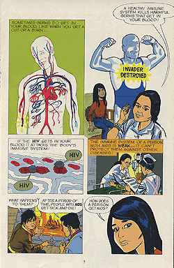 A six panel multi-color comic book page discussing and showing how germs can enter the body and how HIV attacks the immune system.