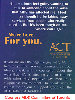 A card with a blue background and white lettering. The card discusses that ACT has counsellors available to discuss AIDS problems. In the center of the card, written with yellow letter is the ACT logo and the words We're here for you.