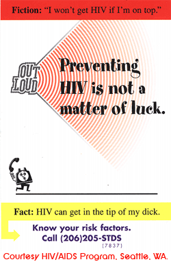 A card with yellow and red sections dealing with the fact and fiction about HIV infection. It offers help in knowing your risks with a phone number to call.