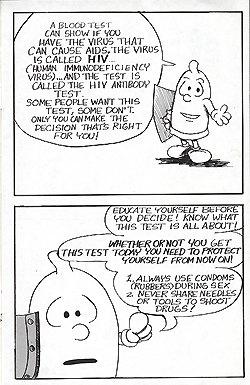 Two panel black and white comic strip featuring a cartoon-style condom holding a shield in its right hand discussing HIV and how to protect yourself.