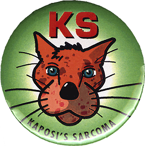 A green button with the illustrated face of a cat in the center. In red lettering at the top is the word KS. At the bottom in black lettering are the words Kaposi's Sarcoma.