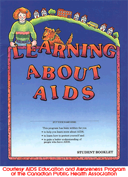 A blue student booklet for Learning about AIDS. In the upper portion of the booklet is a multi-color illustration of a girl and a dog above the title.