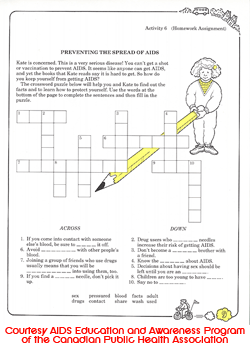 A page from the student booklet Learning about AIDS featuring a crossword puzzle about preventing the spread of AIDS.
