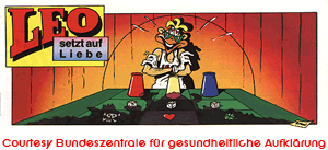 Multi-color comic book cover for Leo Setzt Auf Liebe (Leo bets on love) featuring an illustrated man wearing sunglasses in front of a table filled with chances of luck.