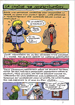 A multi-color three panel page from the comic book Les MST. The title at the top discusses the chain of contamination for sexual diseases. The three panels discuss how sexual disease can be transmitted and that MST symptoms can be hidden but can be transmitted if protection is not used.