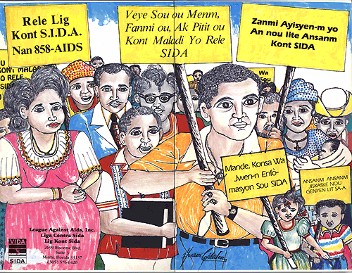 Cover of the comic for Rele Lig Kont S.I.D.A. featuring a pregnant woman at the front of a crowd holding yellow signs about AIDS.