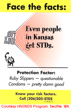 A card with yellow and red sections about facing the facts that even people in Kansas get STDs. It states you should know your risk factors with a phone number to call.