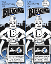 English and SPanish version of a comic The Adventures of Bleach Man. Bleach Man is a completely white cartoon character standing white his hands on his hips, wearing a cape and a bleach bottle for his head.