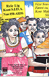 Cover of the comic for Rele Lig Kont S.I.D.A. featuring a pregnant woman at the front of a crowd holding yellow signs about AIDS.