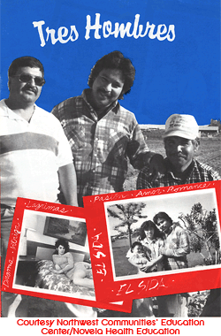 A four color cover of Tres Hombres comic book featuring a black and white image of three Hispanic-American men on a blue background. Inset at the bottom of the comic are black and white scenes of a woman lying on a bed and a family of three within red box outlines and the words El Sida. At the top of the comic in white lettering is the title Tres Hombres.